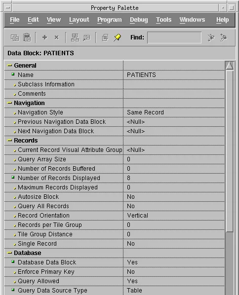 Property Palette of the PATIENTS data block in Oracle Forms