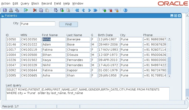 Oracle Forms form with a control block FILTER and a data block PATIENTS