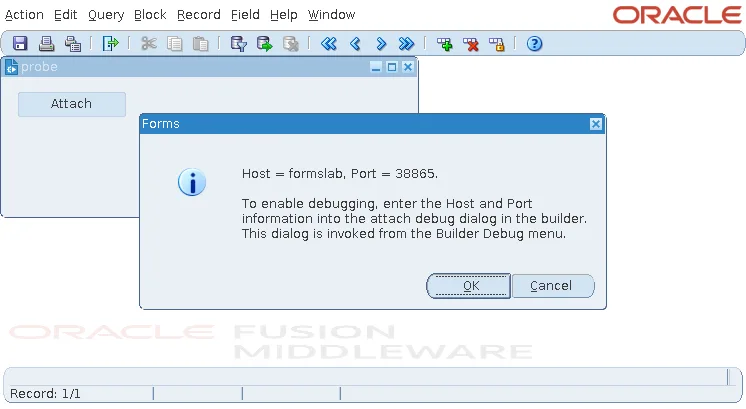 Oracle Forms DEBUG.ATTACH showing the host and port for Attach Debug