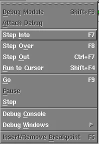 Oracle Forms Builder Debug menu while the debugger is stopped