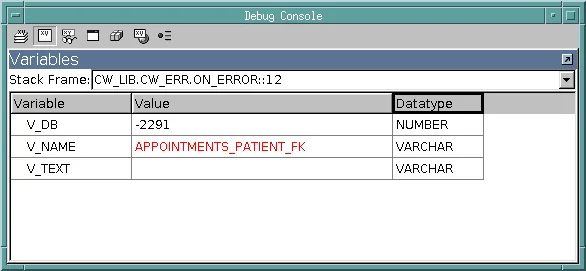 Variables pane of the Oracle Forms debugger at a breakpoint