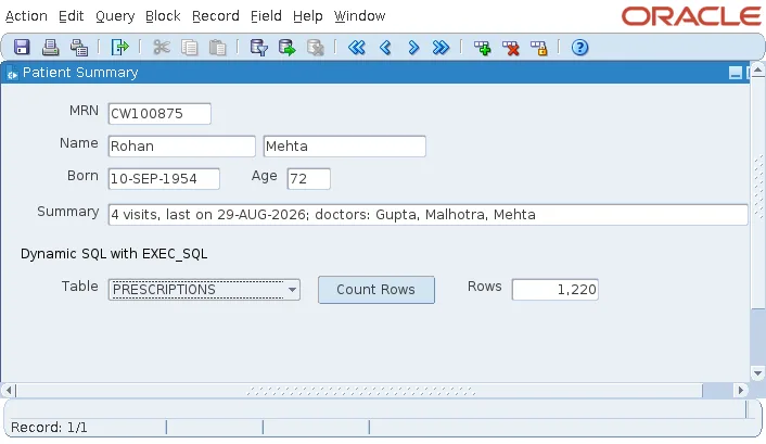 Oracle Forms form counting the rows of PRESCRIPTIONS with EXEC_SQL
