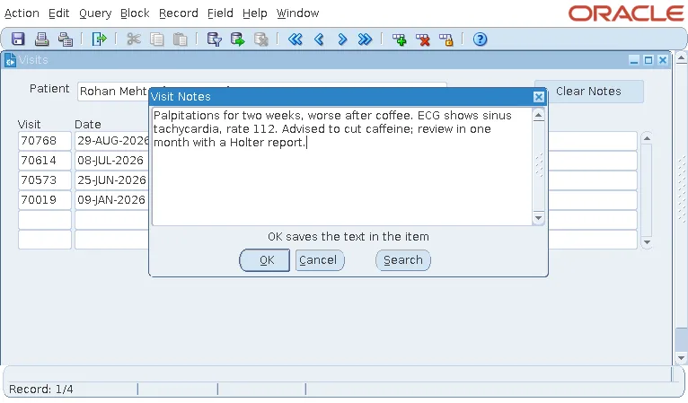 Oracle Forms custom editor ED_NOTES showing long visit notes wrapped by word