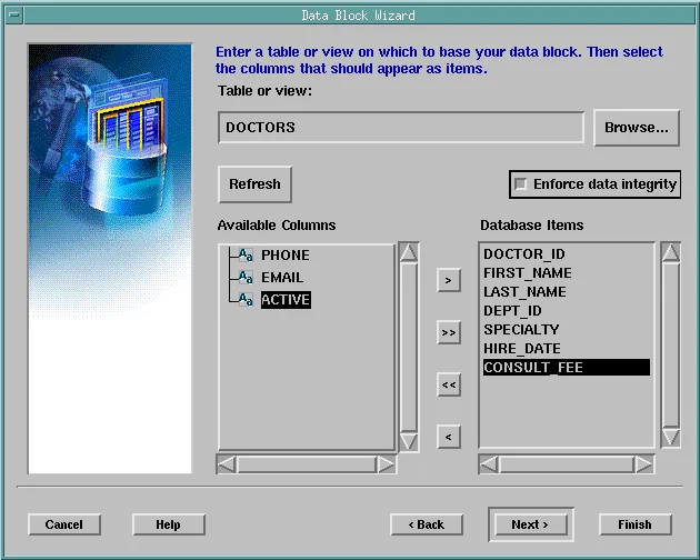 Choosing the database items of the DOCTORS block with Enforce data integrity selected