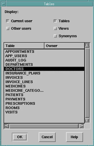 Tables dialog of the Data Block Wizard listing the DOCTORS table