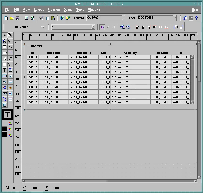 Layout Editor showing the tabular Doctors frame the wizard created