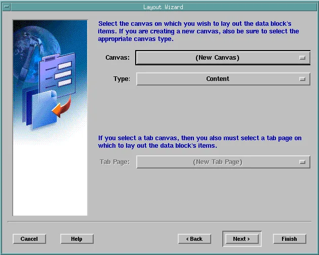 Layout Wizard page for choosing a new content canvas