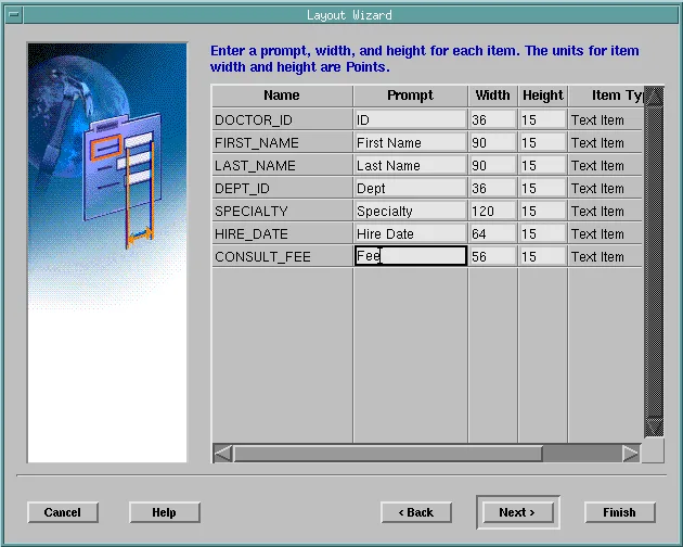 Layout Wizard page setting the prompts and widths of the items