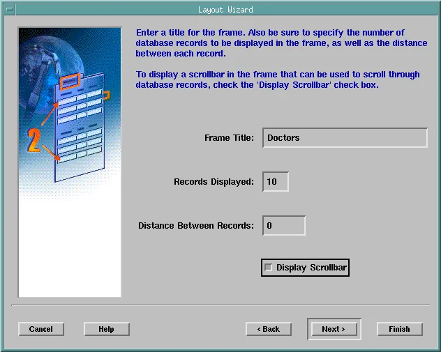 Layout Wizard rows page with frame title Doctors and 10 records displayed