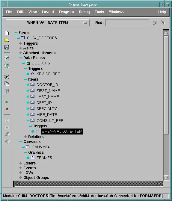 Object Navigator showing the block, canvas, window, and triggers the wizards created