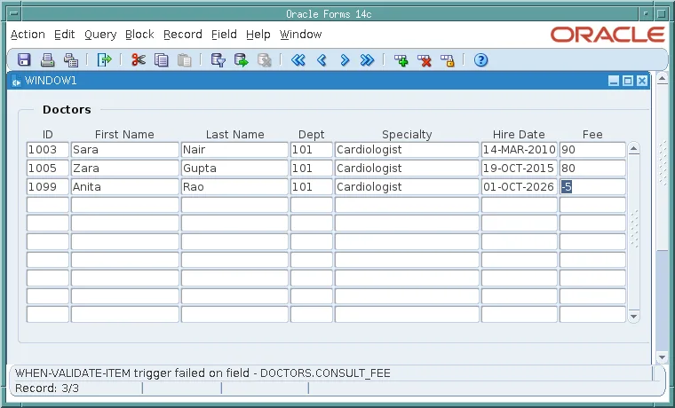 Oracle Forms rejecting a negative fee with WHEN-VALIDATE-ITEM trigger failed