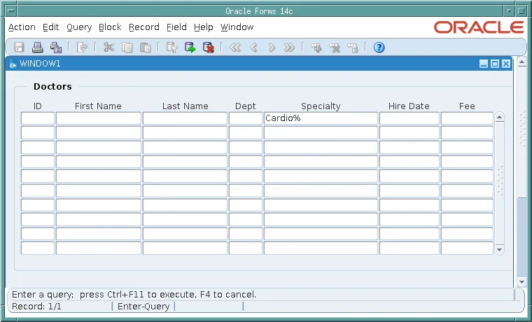 Query by example in Oracle Forms with Cardio% entered in Specialty