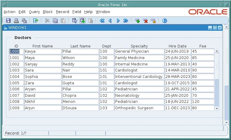 The CH04_DOCTORS form in Oracle Forms showing ten queried doctors