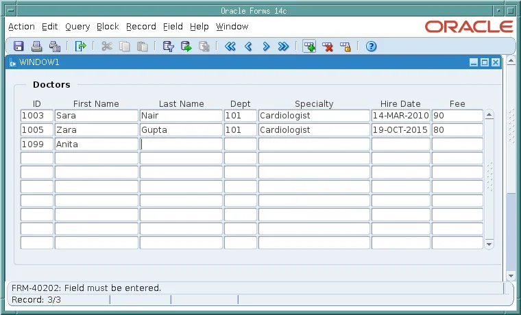 Oracle Forms error FRM-40202 Field must be entered for an empty last name