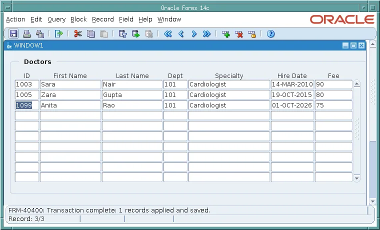 A new doctor saved in the Oracle Forms DOCTORS block