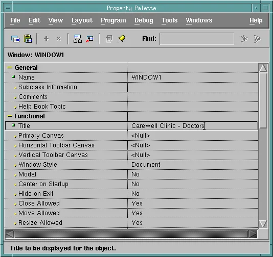 Setting the Title property of WINDOW1 in the Property Palette