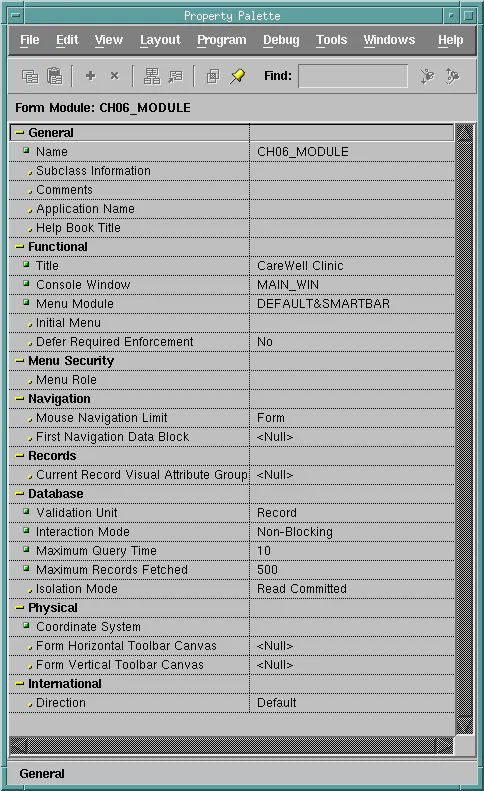 Property Palette of the Oracle Forms form module CH06_MODULE