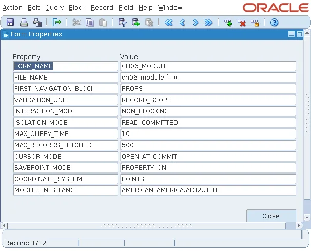 Running Oracle Forms form listing its properties read with GET_FORM_PROPERTY