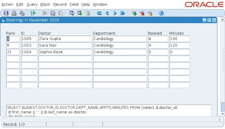 Oracle Forms FROM clause query block showing Cardiology doctors ranked among all doctors