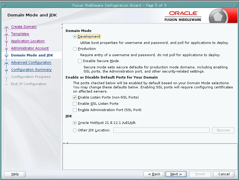 Domain Mode and JDK page of the Configuration Wizard for Oracle Forms