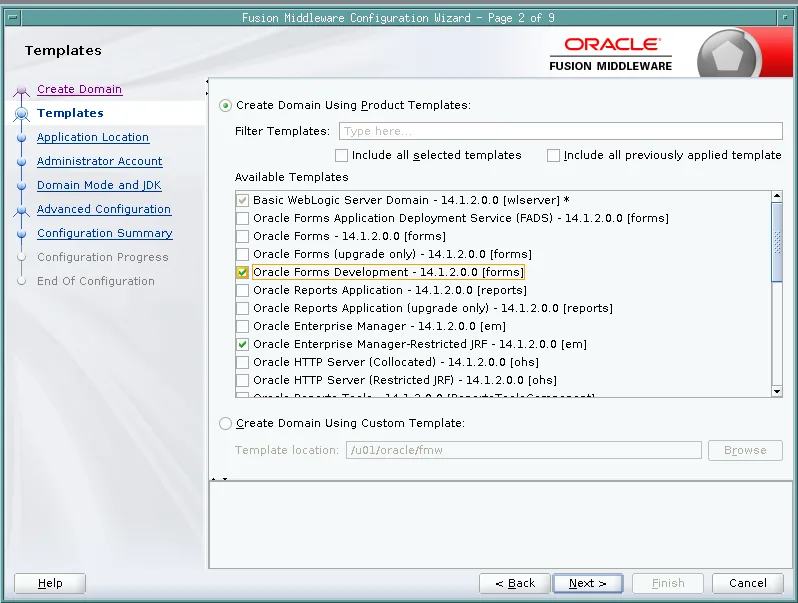 Oracle Forms Development template selected in the Configuration Wizard