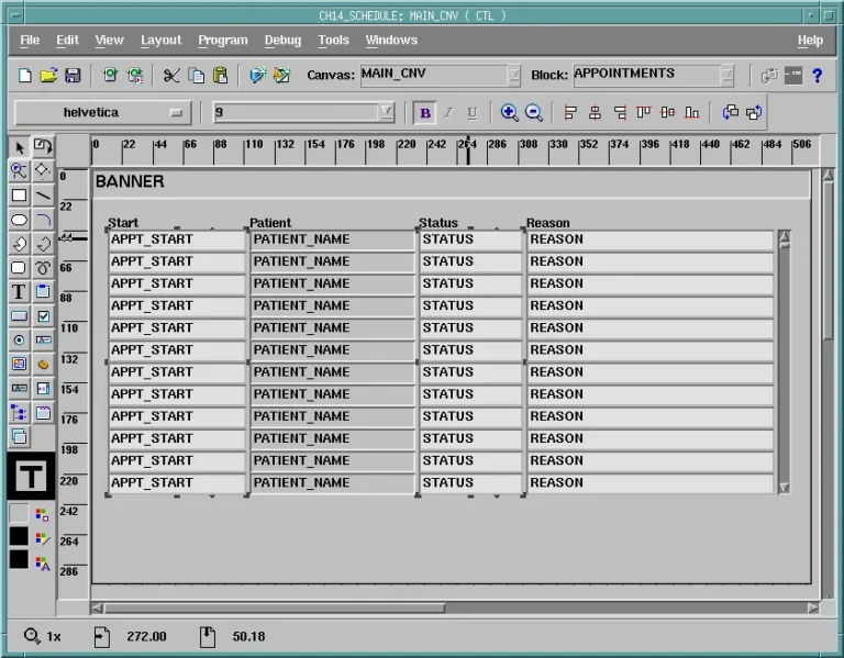Oracle Forms Layout Editor with three items selected on a canvas