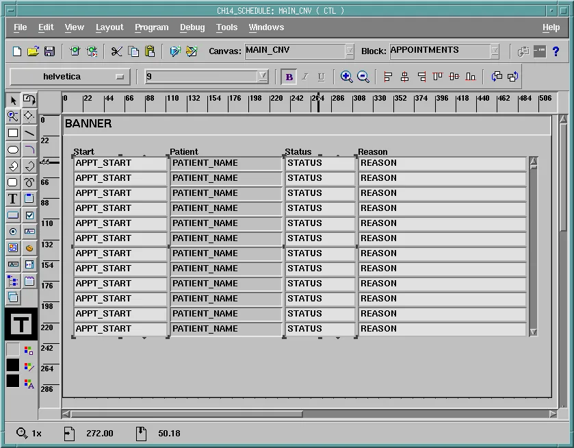 Oracle Forms Layout Editor with three items selected on a canvas
