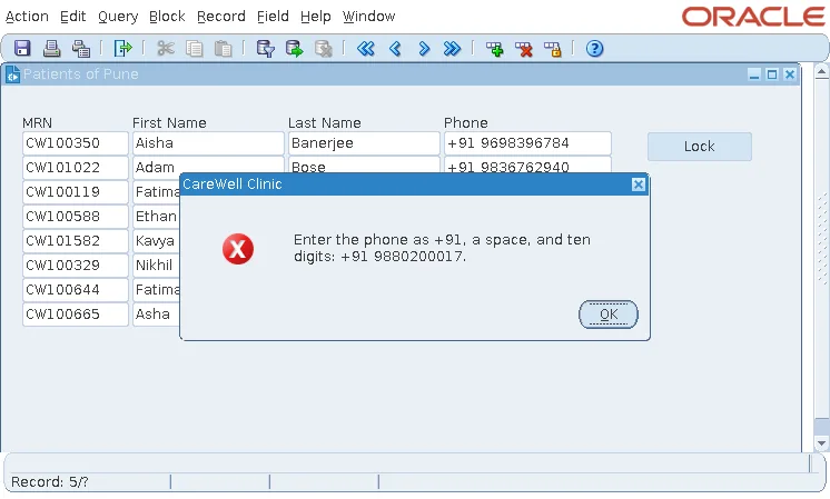 CW_MSG.FAIL stop alert refusing a phone number in Oracle Forms