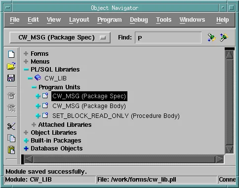 The Oracle Forms PL/SQL library CW_LIB and its program units in the Object Navigator