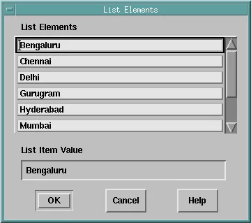 List Elements dialog of an Oracle Forms list item with labels and values