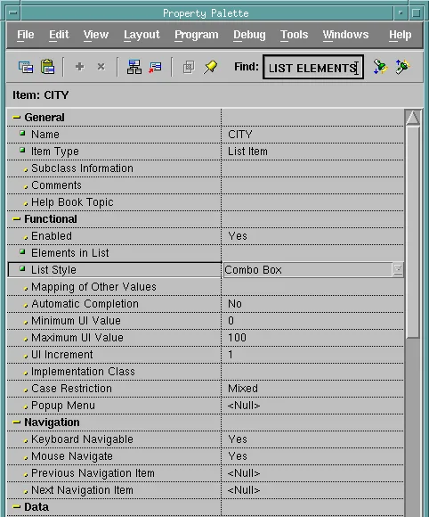 Property Palette of the Oracle Forms list item CITY with List Style Combo Box