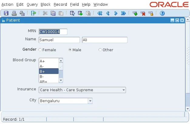 Oracle Forms patient form with a T-list, a poplist, a combo box, and a radio group