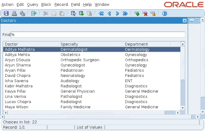 Oracle Forms doctors list of values with a Find field and three columns