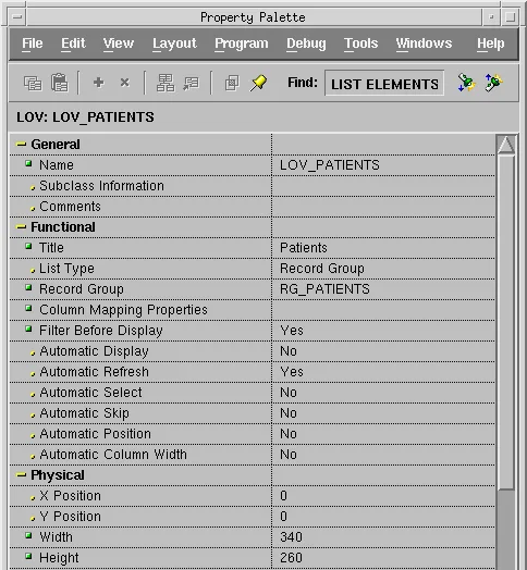Property Palette of the Oracle Forms LOV LOV_PATIENTS