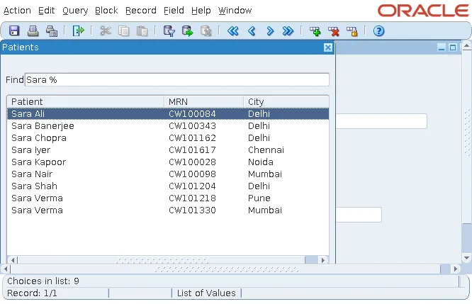 Oracle Forms LOV reduced to patient names starting with Sar by Validate from List