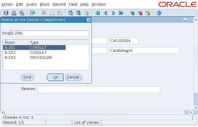 Oracle Forms LOV listing only the rooms of the selected doctor's department