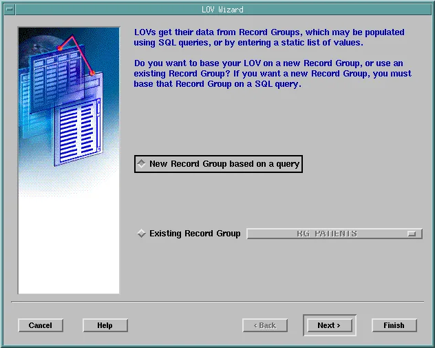First page of the Oracle Forms LOV Wizard: new or existing record group