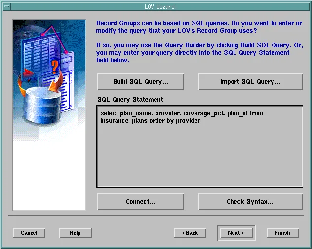 LOV Wizard page with the SQL query of the new record group