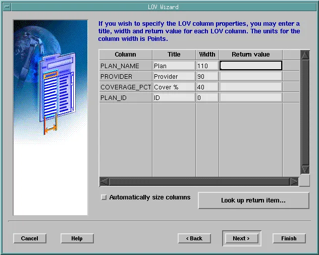LOV Wizard column titles, widths, and return items
