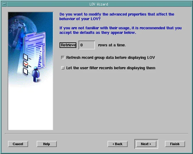 LOV Wizard advanced page for rows retrieved, refresh, and filtering