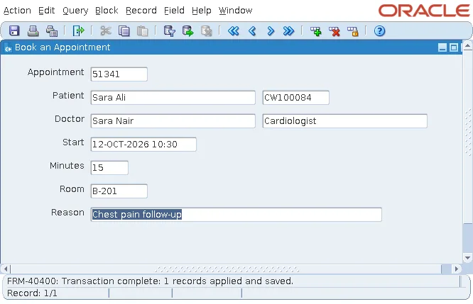 Oracle Forms appointment booking form with four lists of values after saving