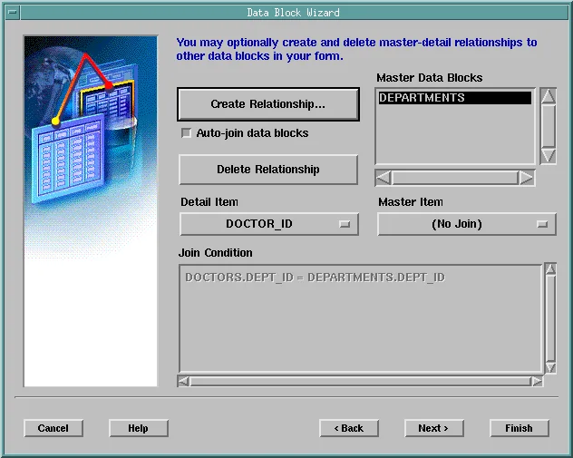 Master-detail page of the Oracle Forms Data Block Wizard with the join condition
