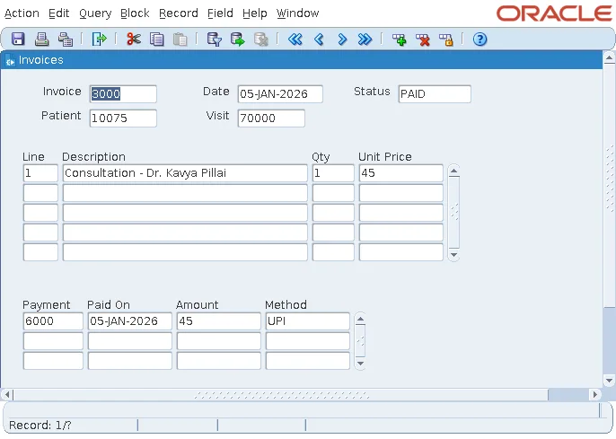 Oracle Forms invoice master block with two detail blocks, lines and payments