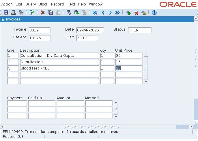 New invoice line saved as line 3 with FRM-40400 Transaction complete