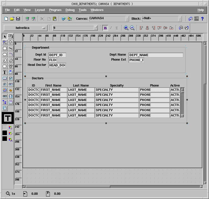 Oracle Forms master-detail layout with a Department frame above a Doctors frame