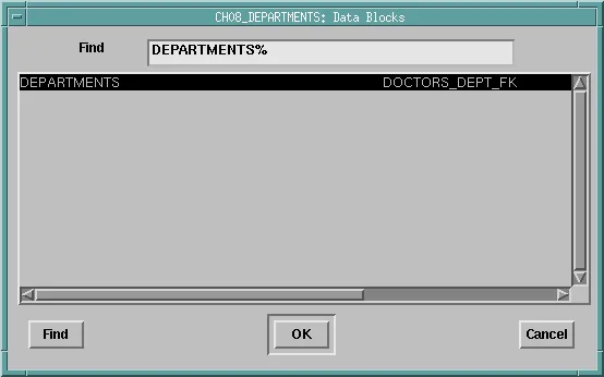 Choosing the master block DEPARTMENTS through the foreign key DOCTORS_DEPT_FK