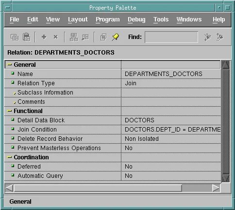 Property Palette of the Oracle Forms relation DEPARTMENTS_DOCTORS