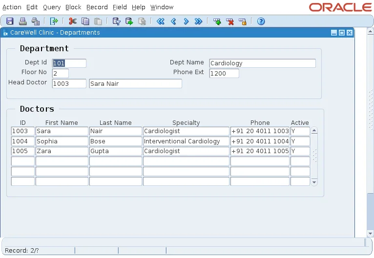 Oracle Forms master-detail form showing the Cardiology department with its doctors
