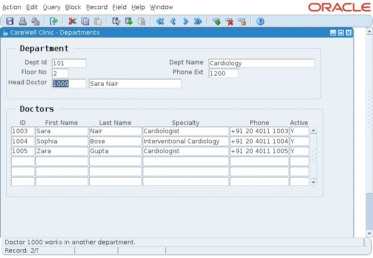Oracle Forms WHEN-VALIDATE-ITEM refusing a head doctor from another department