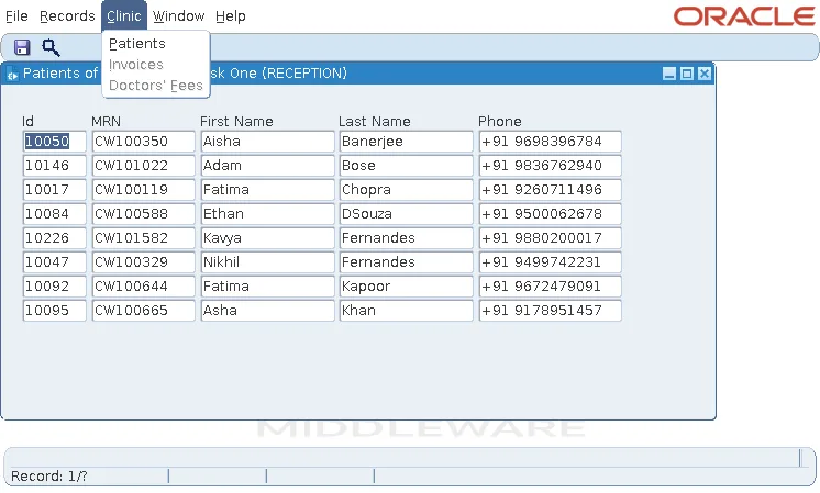 Oracle Forms patients form with the custom CW_MENU menu module
